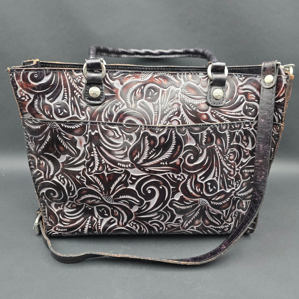 Patricia Nash Black Tooled Leather Tote Bag Floral Crossbody Handbag